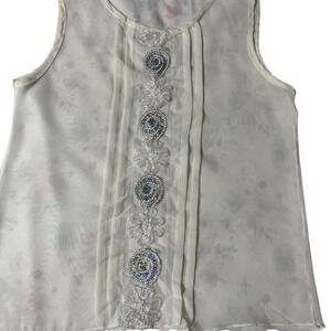 Litto Sheer Cream Beaded Sleeveless Blouse Embellished Top M